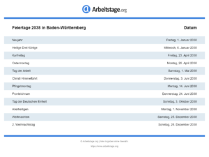 Feiertage 2038 Baden-Württemberg