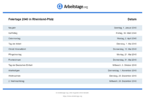 Feiertage 2040 Rheinland-Pfalz