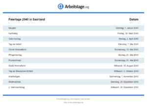 Feiertage 2040 Saarland