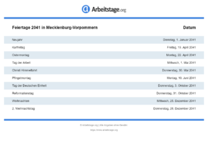 Feiertage 2041 Mecklenburg-Vorpommern