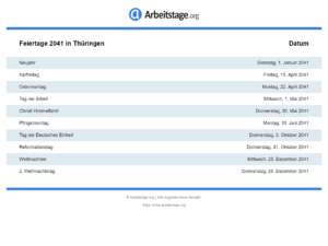 Feiertage 2041 Thüringen