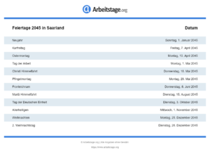 Feiertage 2045 Saarland