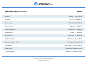 Feiertage 2046 Saarland