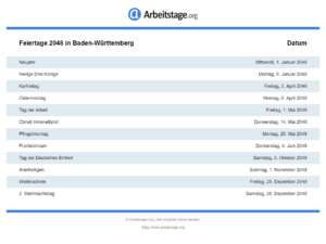 Feiertage 2048 Baden-Württemberg