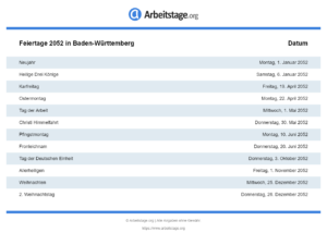 Feiertage 2052 Baden-Württemberg