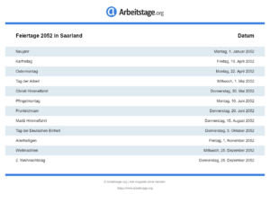 Feiertage 2052 Saarland