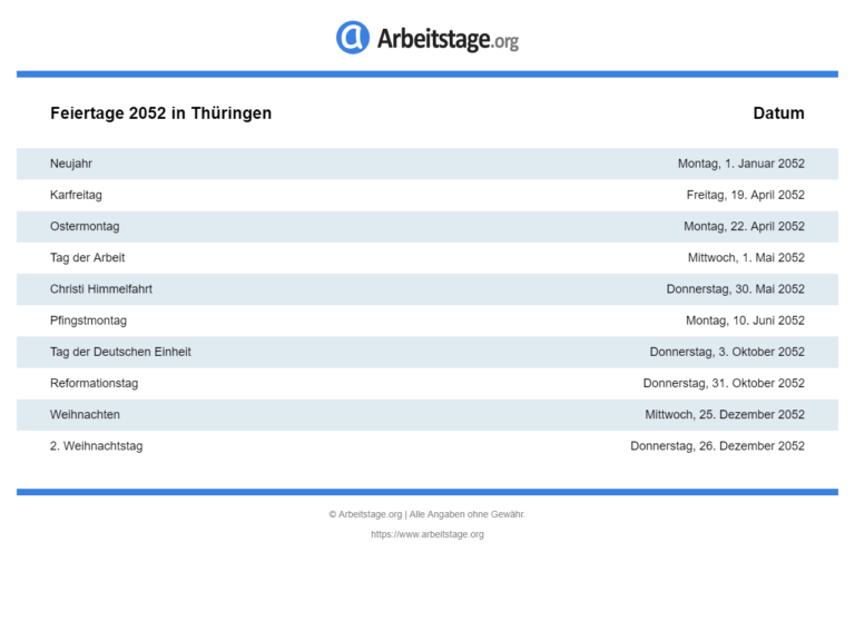 Feiertage 2052 in Thüringen • Termine & Infos