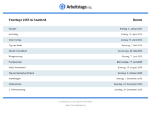 Feiertage 2055 Saarland