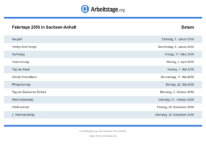 Feiertage 2056 Sachsen-Anhalt