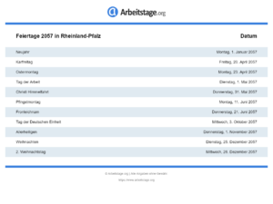 Feiertage 2057 Rheinland-Pfalz