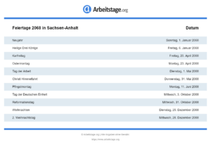 Feiertage 2068 Sachsen-Anhalt