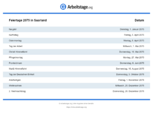 Feiertage 2075 Saarland