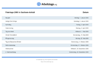 Feiertage 2080 Sachsen-Anhalt