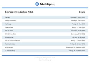 Feiertage 2092 Sachsen-Anhalt