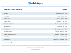Feiertage 2096 Saarland