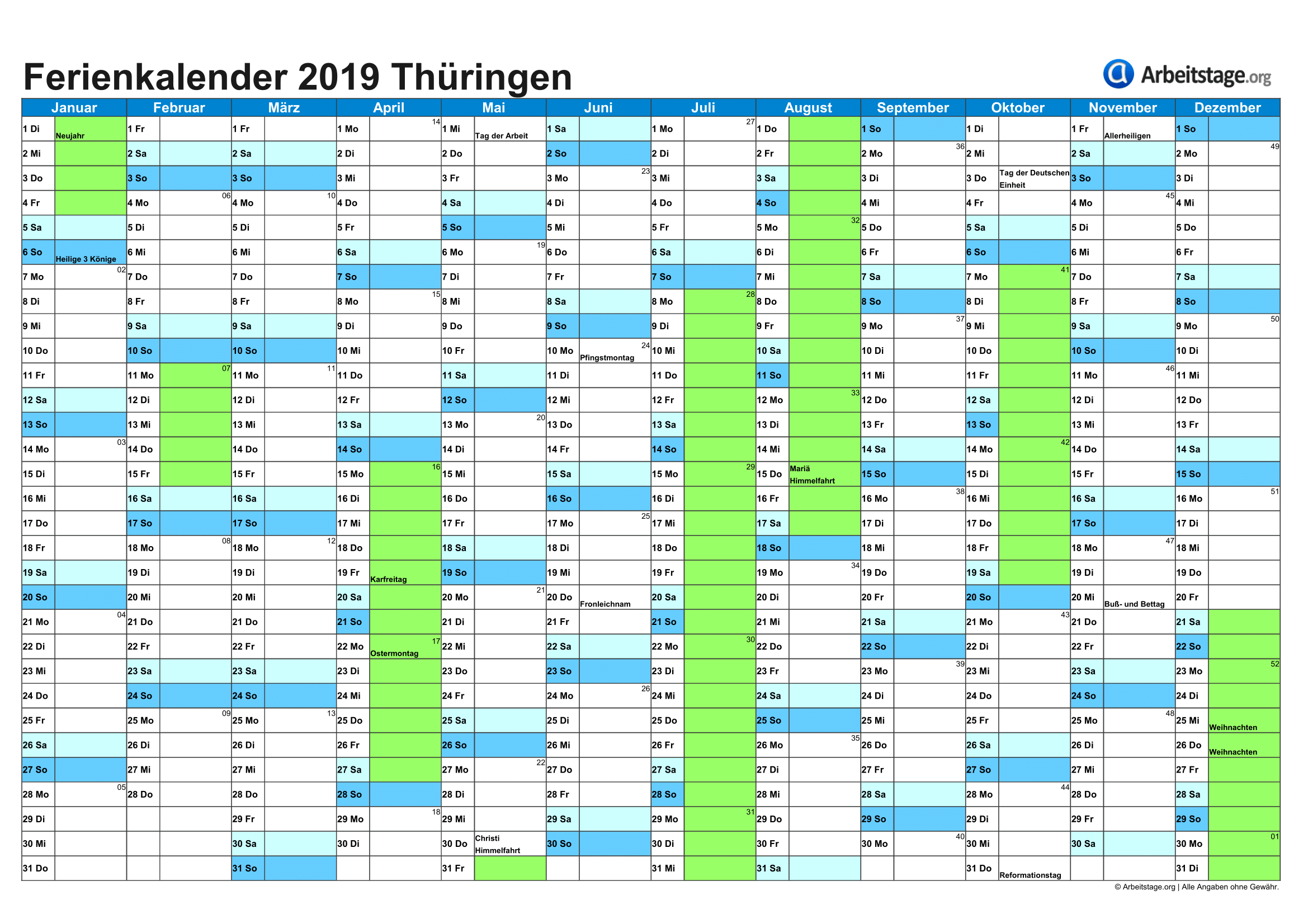 Jahreskalender 2019 Schulferien Und Gesetzliche Feiertage ...