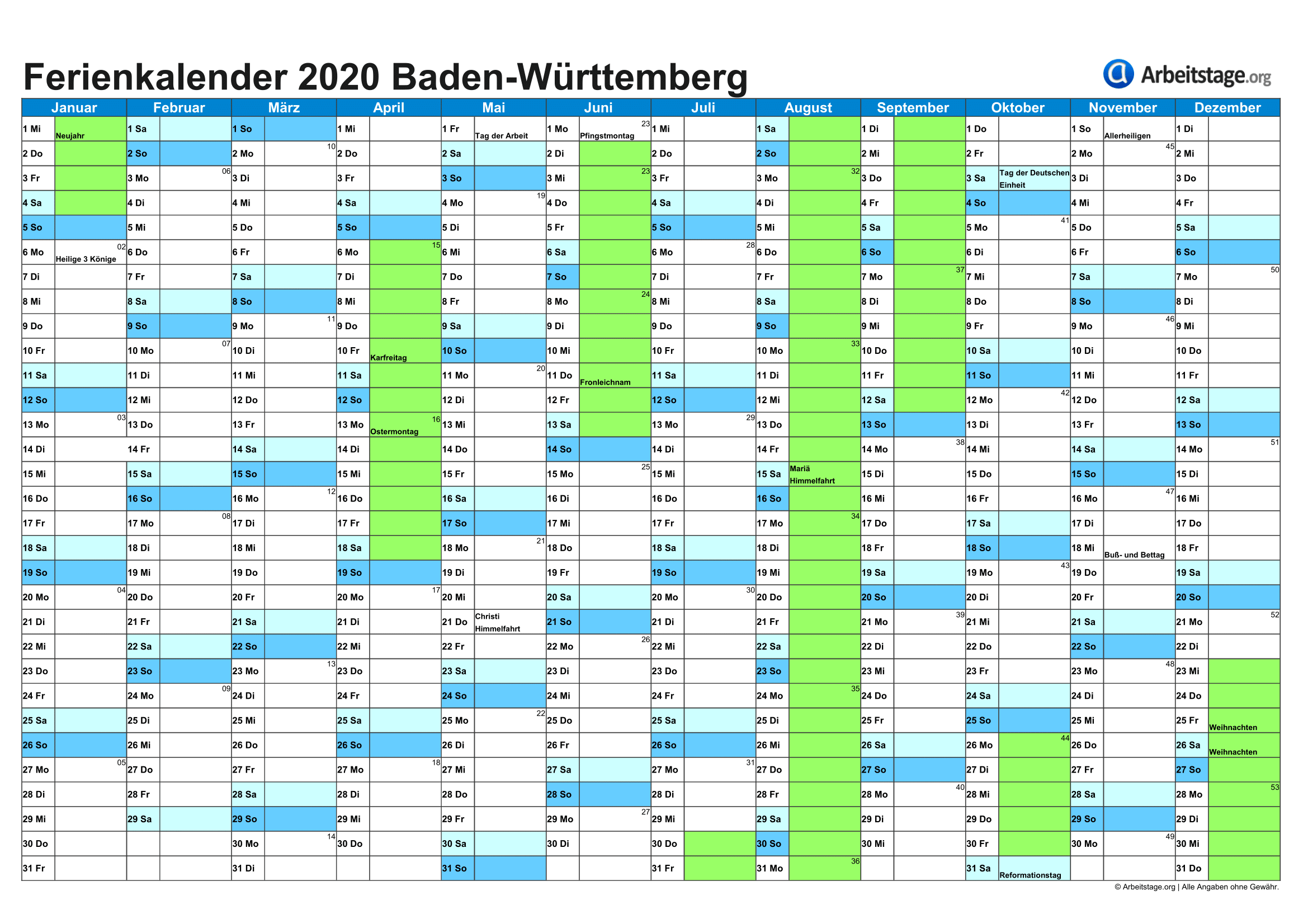 Ferien Baden-Württemberg 2019, 2020 + Ferienkalender