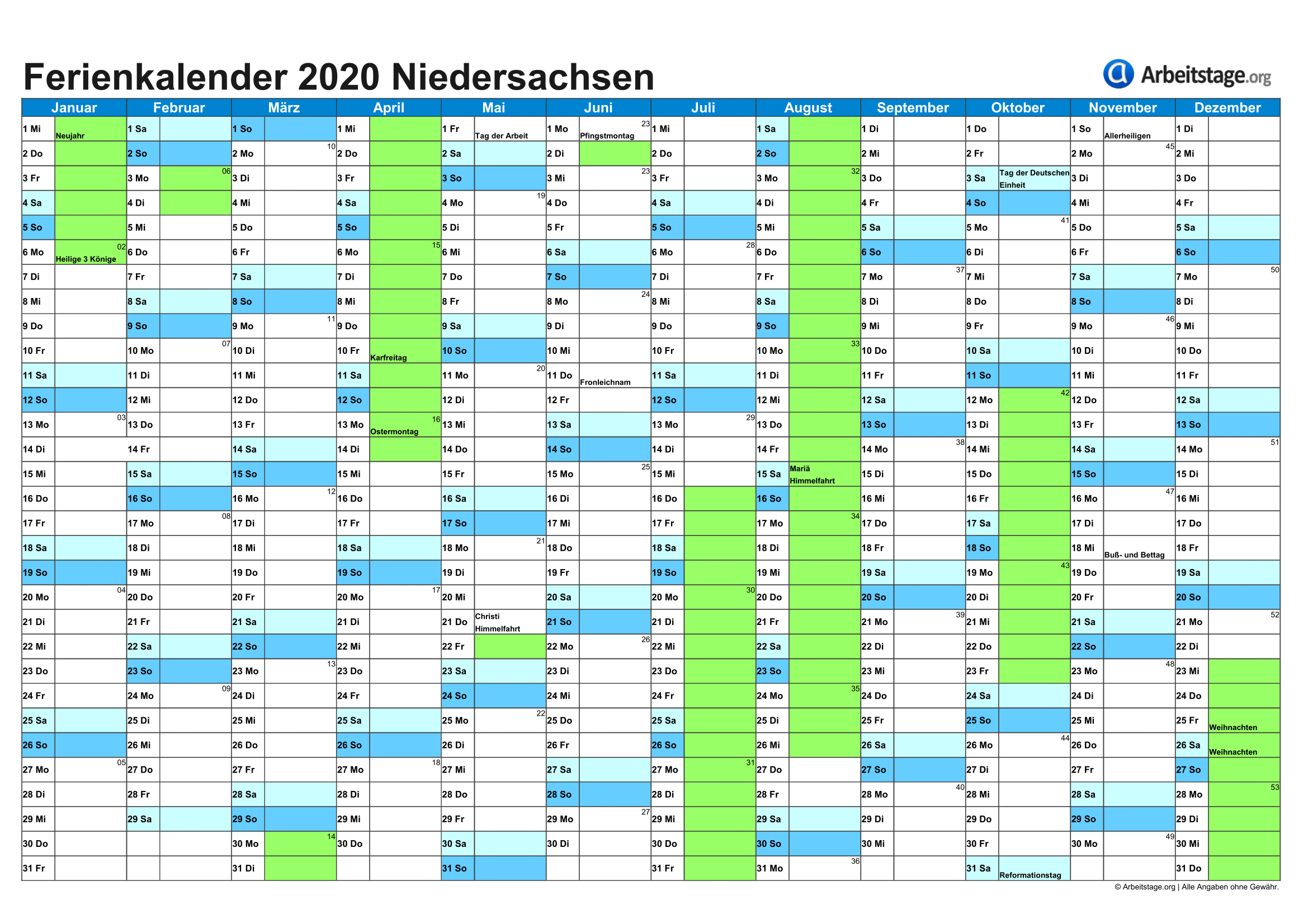 Ferien Niedersachsen 2019, 2020 + Ferienkalender