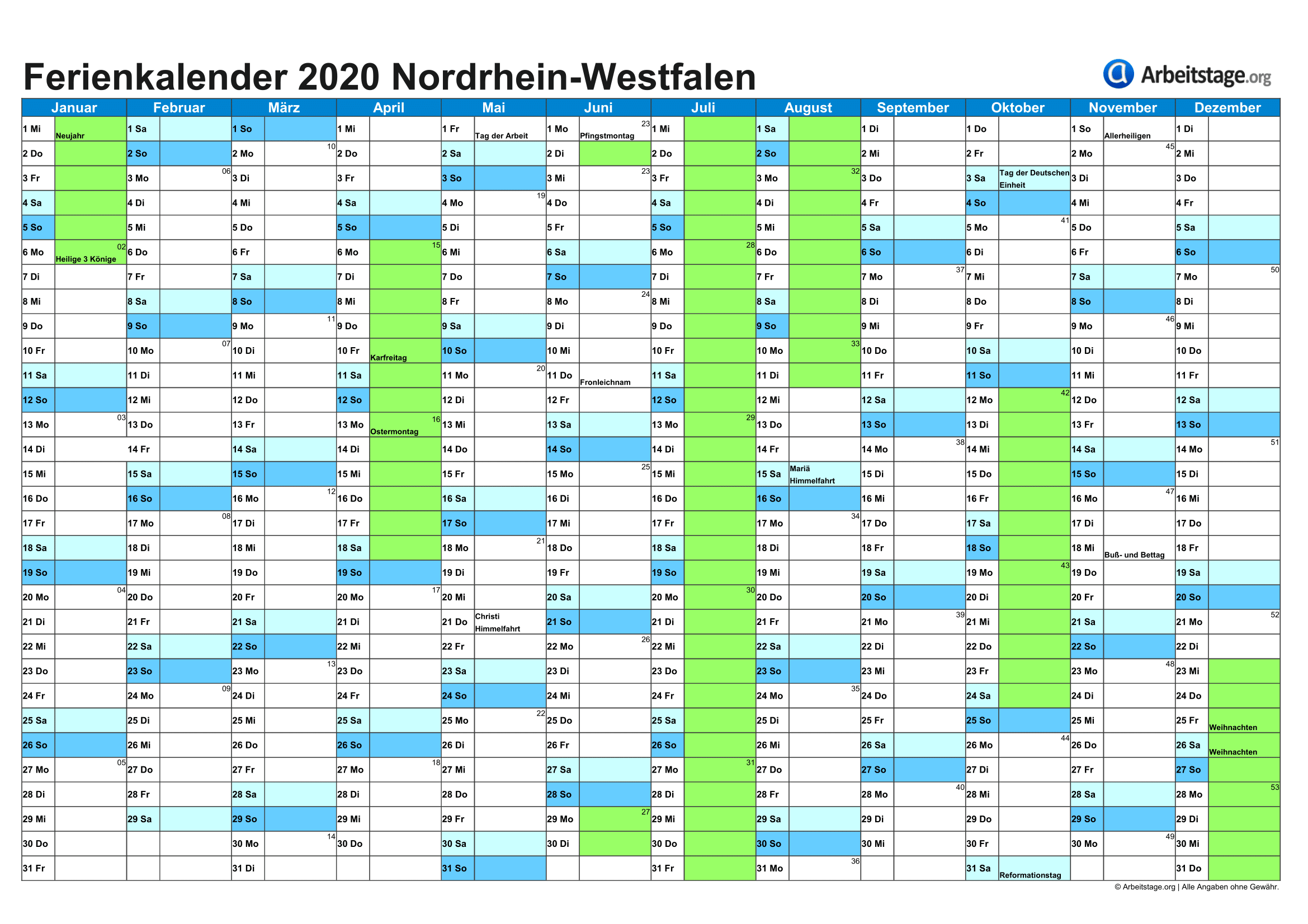 Kalender 2020 Mit Ferien Nrw Zum Ausdrucken