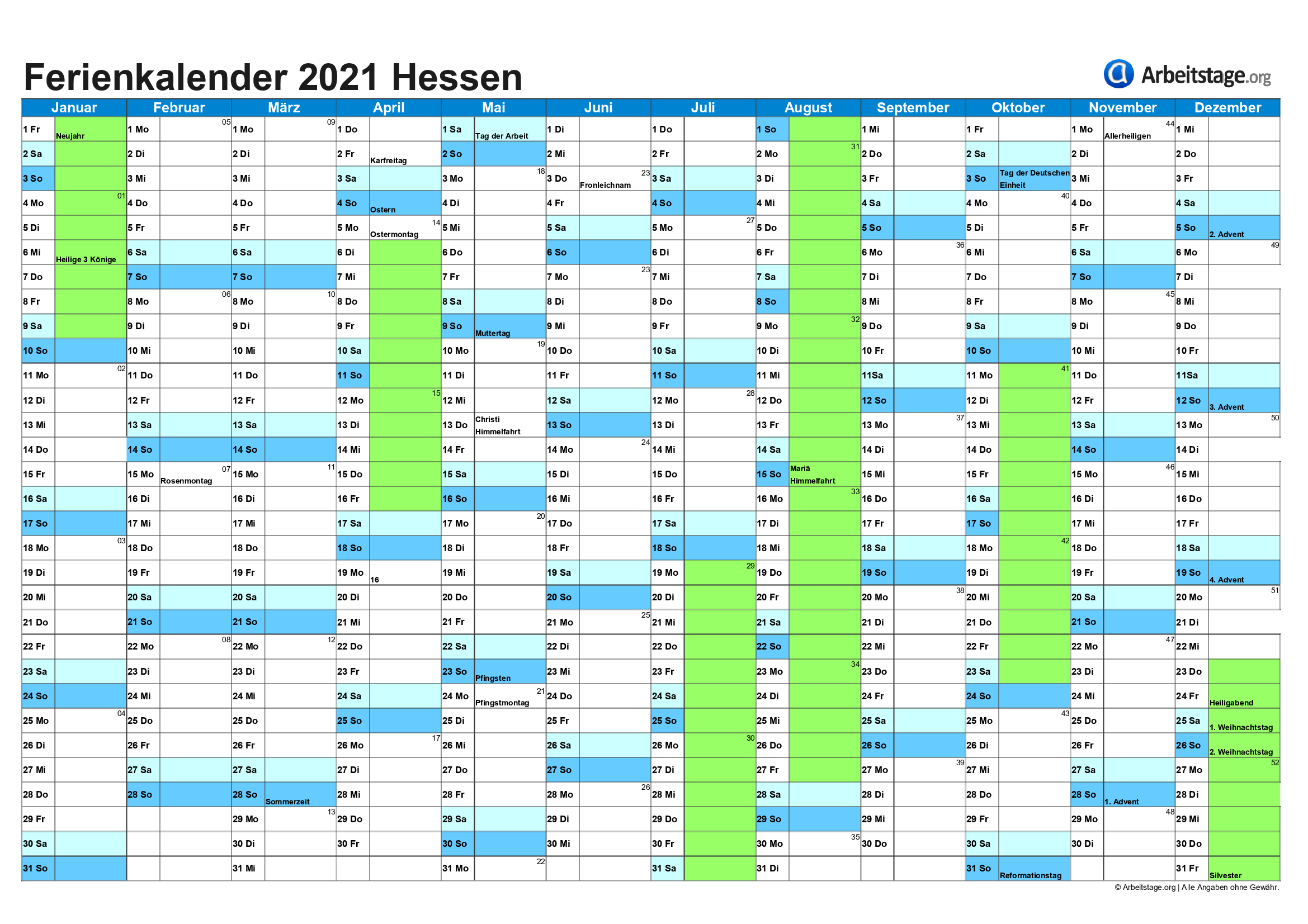 Ferien Hessen Ferienkalender zum Ausdrucken