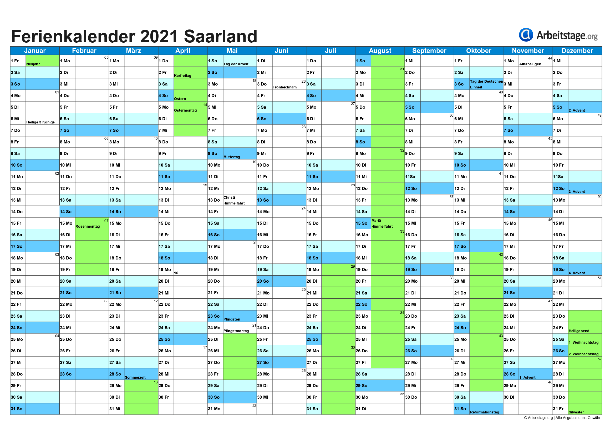 Ferien Saarland 2019, 2020 + Ferienkalender