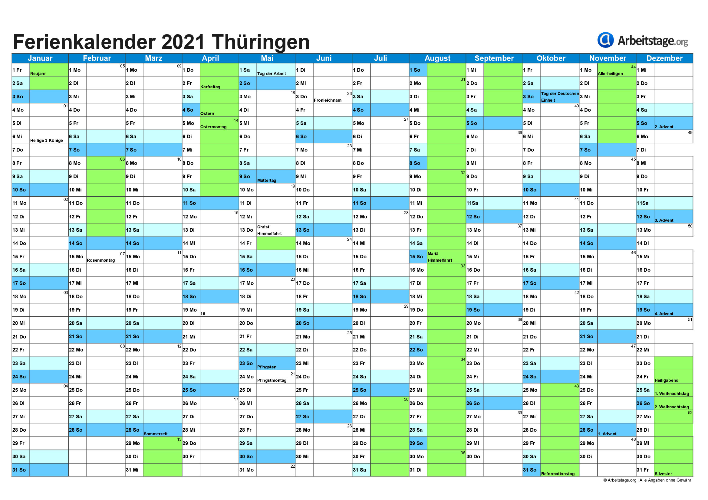 Ferien Thüringen 2021, 2022