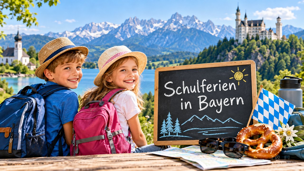 Zwei Kinder mit Schulrucksäcken und Ferientafel vor einem See, den Alpen und einem Schloss in Bayern