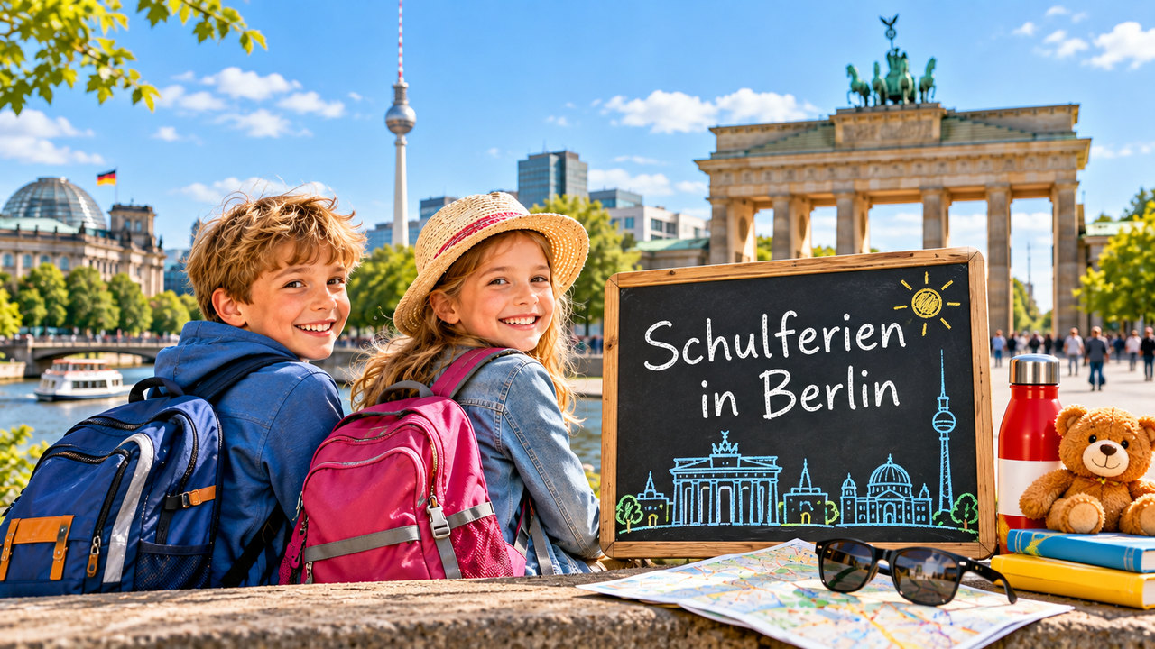 Zwei Kinder mit Schulrucksäcken und Ferientafel vor dem Brandenburger Tor und dem Berliner Fernsehturm