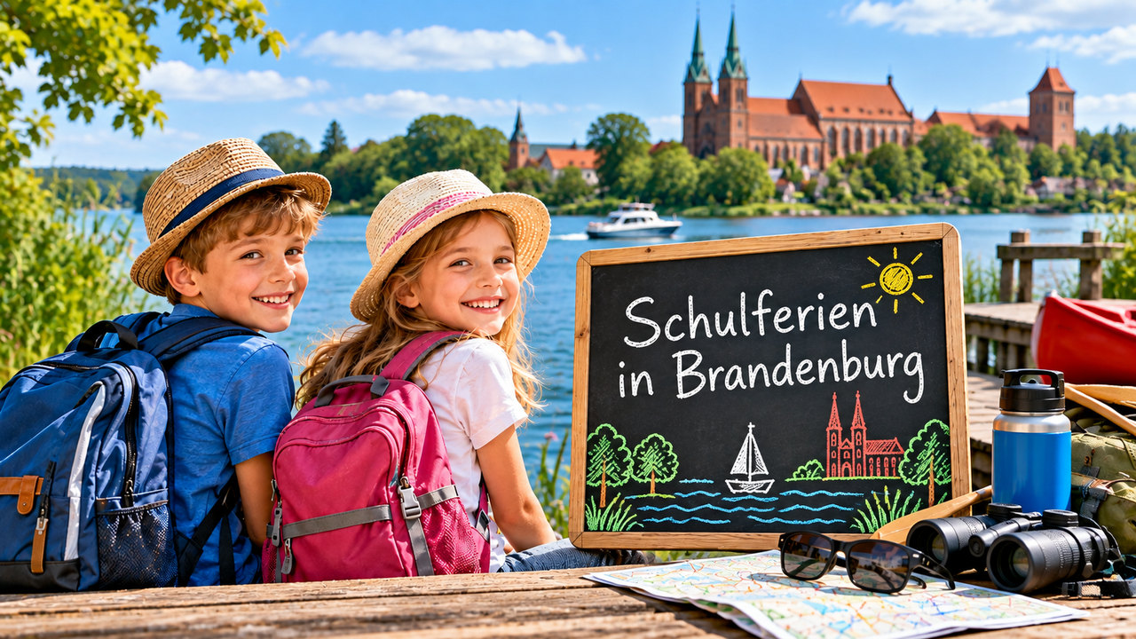 Zwei Kinder mit Schulrucksäcken und Ferientafel an einem See vor Backsteingebäuden in Brandenburg