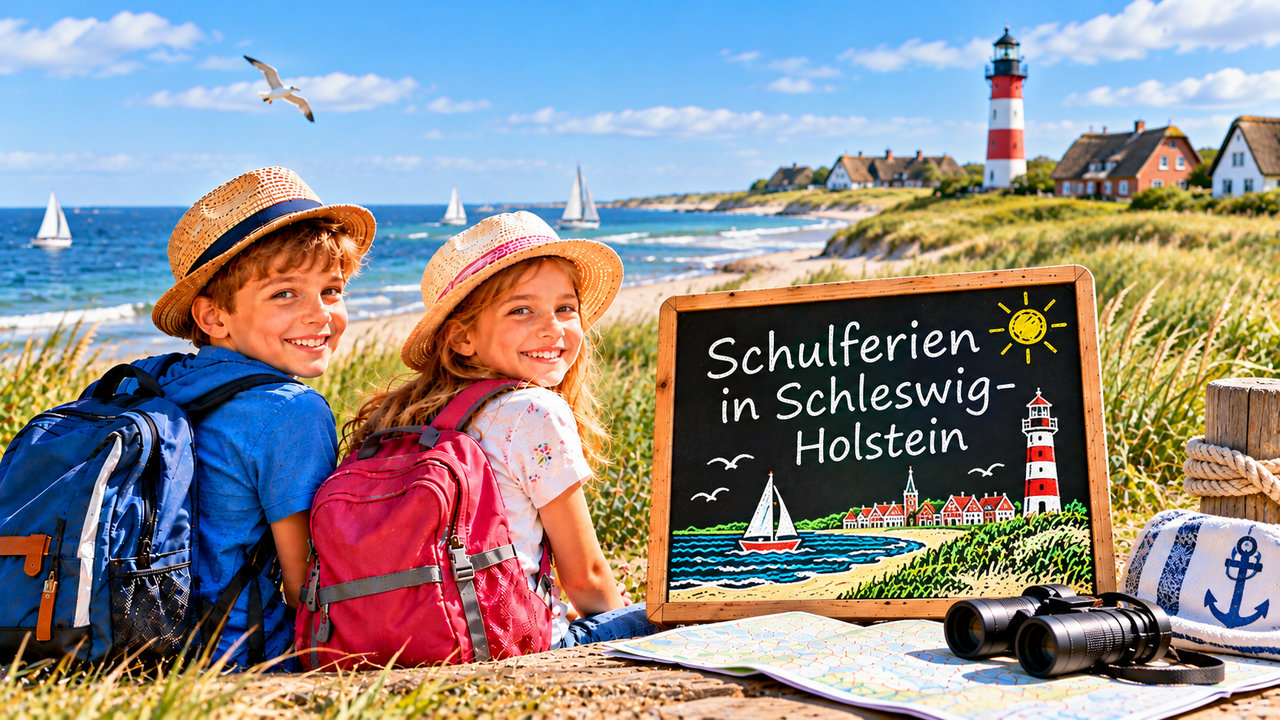 Zwei Kinder mit Schulrucksäcken und Ferientafel an einem Strand mit Leuchtturm in Schleswig-Holstein